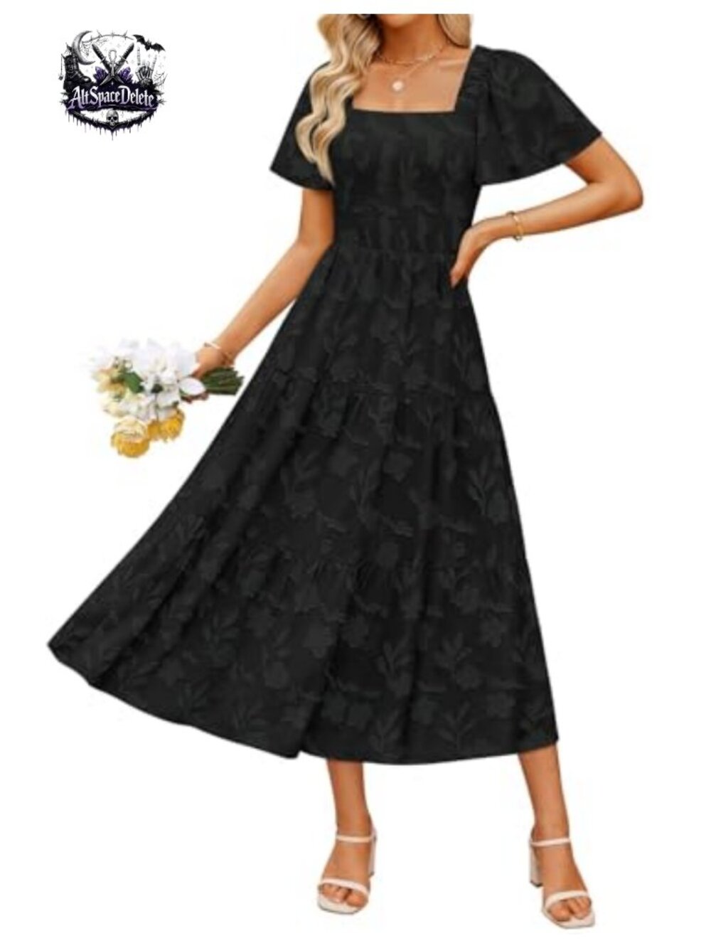 Boho Floral Midi Dress Square Neck Short Sleeve Wedding Guest Summer